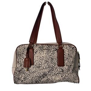 Fossil Calf Hair Memoir Satchel Bag Womens Bone Black Animal Print Leather Purse
